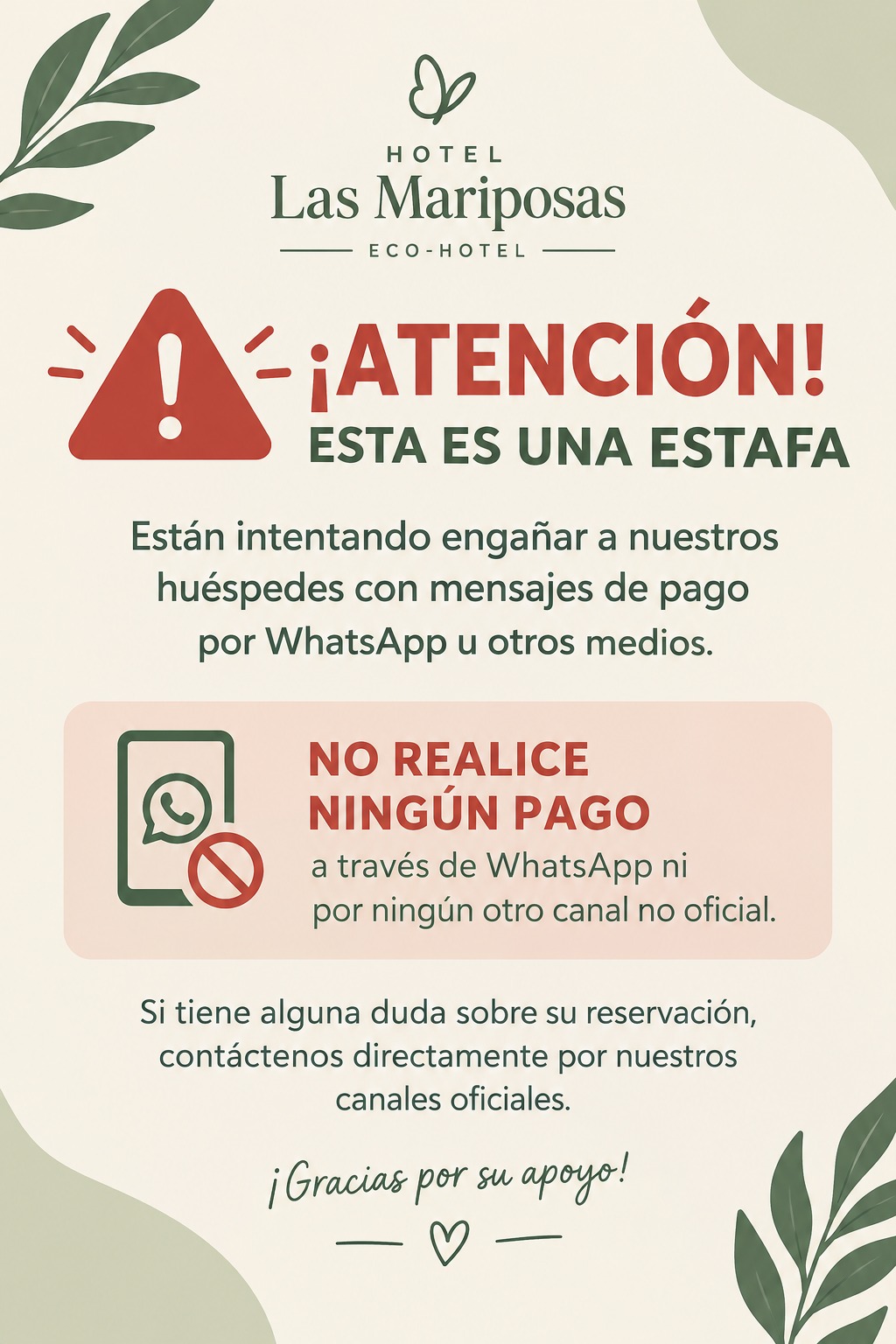Aviso importante de seguridad - Hotel Las Mariposas